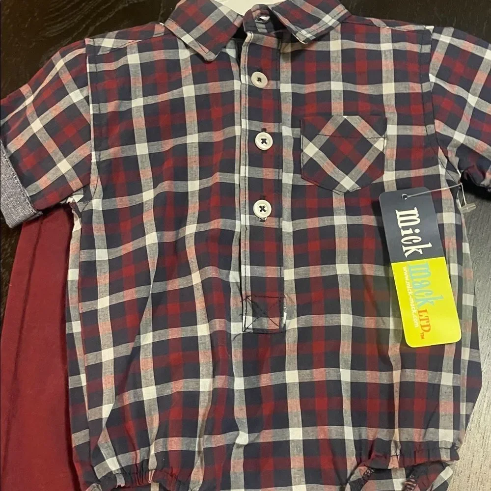 Plaid Baby Romper with Maroon Pants 6-9 months